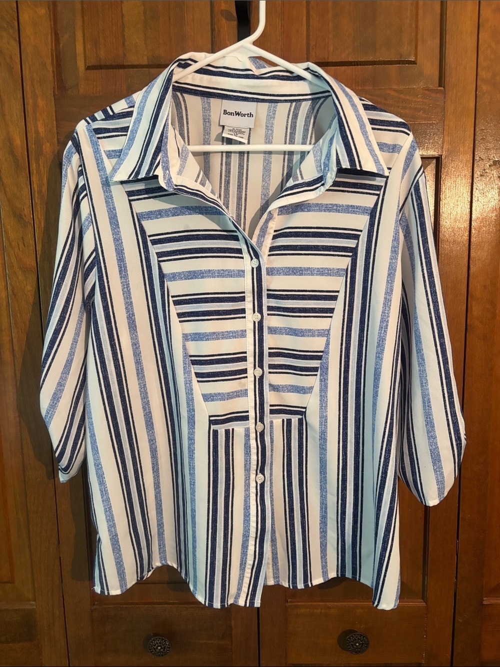 BonWorth White and Blue Striped Button-Down Blouse